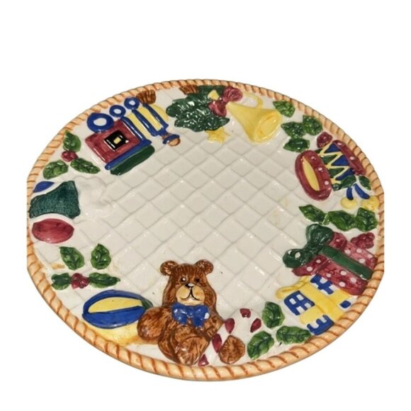 Vintage Ceramic Christmas Plate With Toy & Bear Design - Picture 1 of 4
